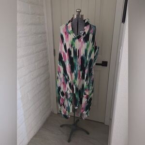 GUC For Cynthia Green and Pink Brush Stroke Cowl Neck Sleeveless Linen Dress